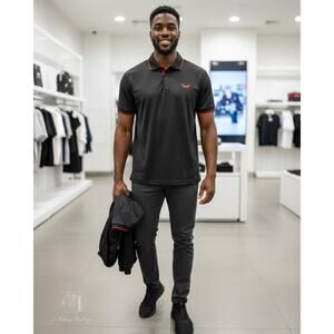 Manfinity Men’s Polo Shirt Short Sleeve Black Red Logo Size XXL‎ NWOT Slim Fit